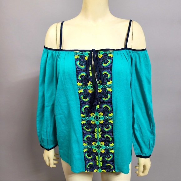 Christophe Sauvat Southwest Boho Turquoise Embroidery Western Open Shoulder Top - Picture 1 of 7